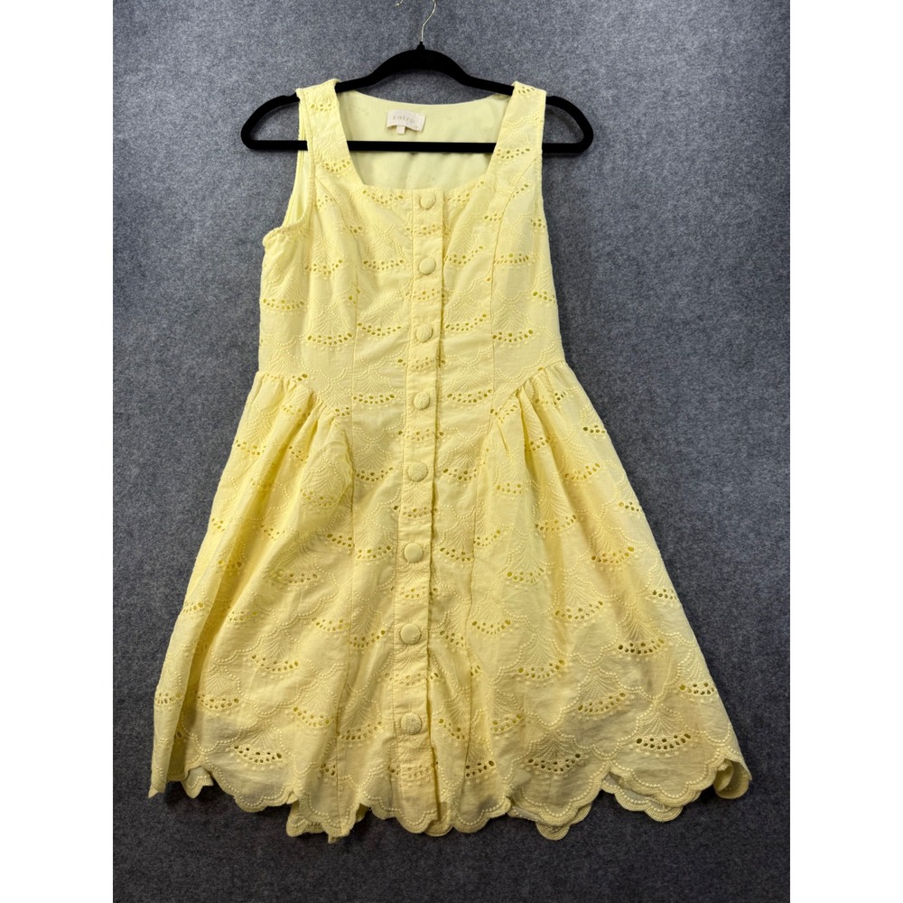 Entro Yellow Cotton Eyelet Button Front Sleeveless Scalloped Hem Dress S D30825